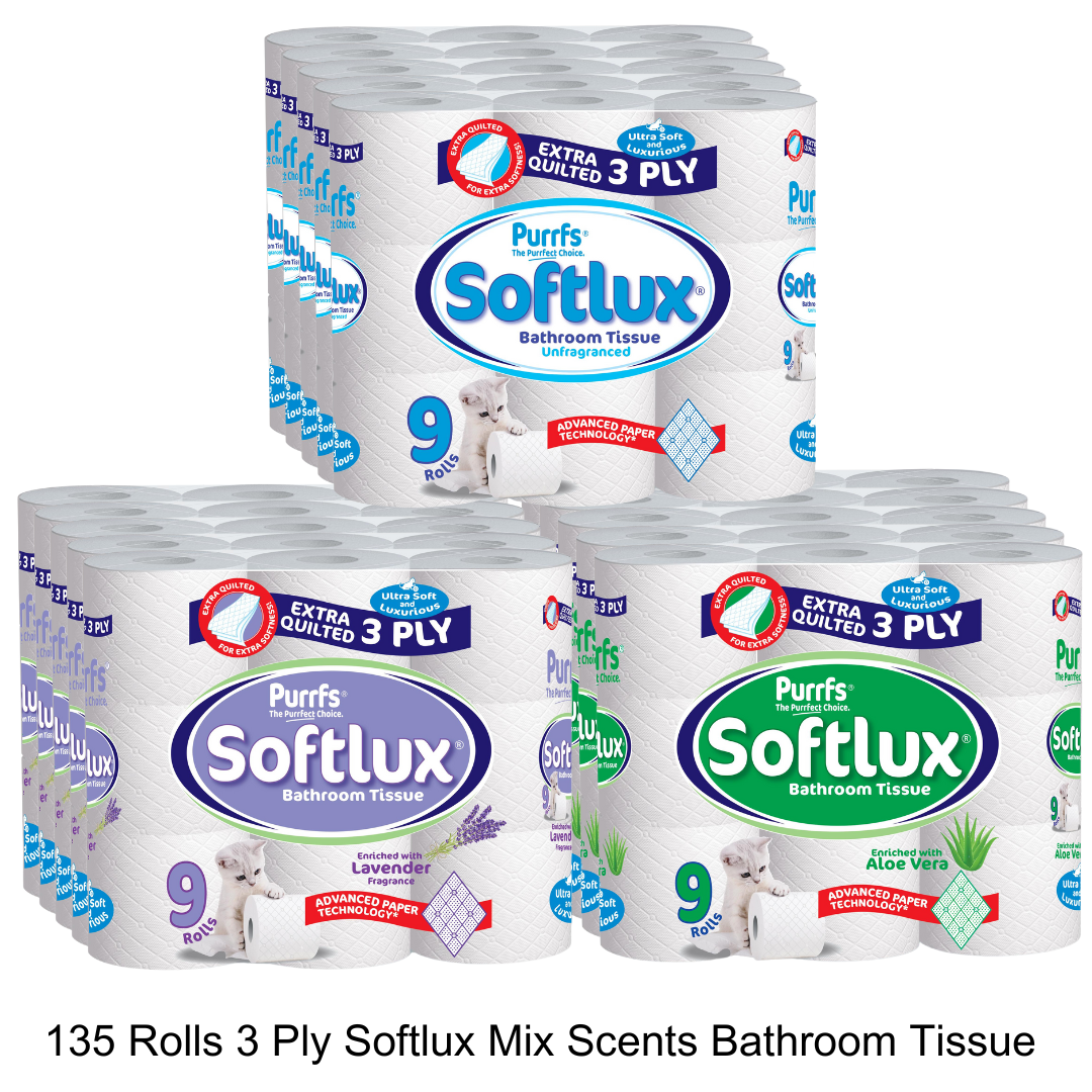 135 Softlux Toilet Rolls 3 Ply Bathroom Tissue Paper 45 x 3 135 Rolls Original, Aloe Vera and lavender Scented Toilet Tissue 135 Softlux Toilet Rolls 3 Ply Bathroom Tissue Paper 45 x 3 135 Rolls Original, Aloe Vera and lavender Scented Toilet Tissue
